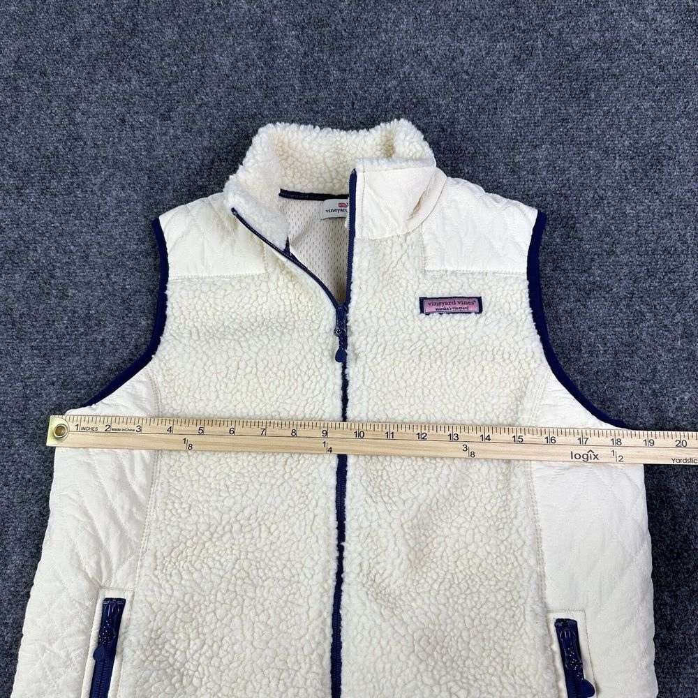 Vineyard Vine Vest Womens XS Ivory Blue Quilted Deep Pile Sherpa Casual Outdoor - Picture 3 of 8